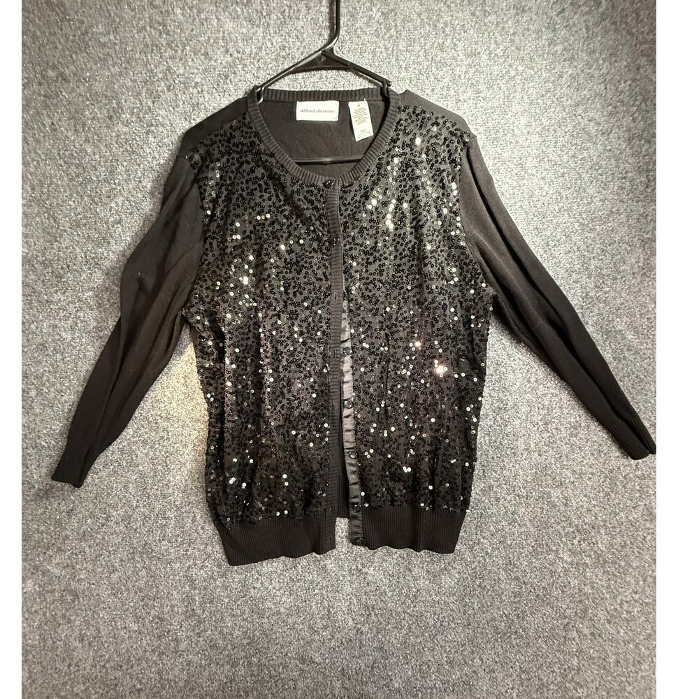 Alfred Dunner Women's Black Sequin Front Button Up Cardigan Sweater Size Medium